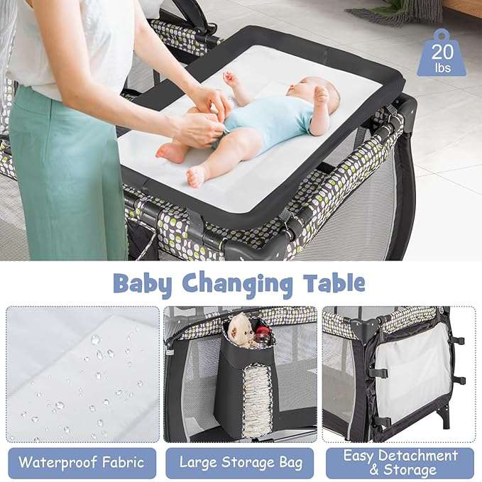 HONEY JOY Pack and Play, 4-in-1 Foldable Nursery Center with Full-Size Infant Bassinet & Diaper Changer, Portable Toddler Crib w/Mattress & Net, Music Box, Toys, Baby Playard w/Carry Bag, Gray