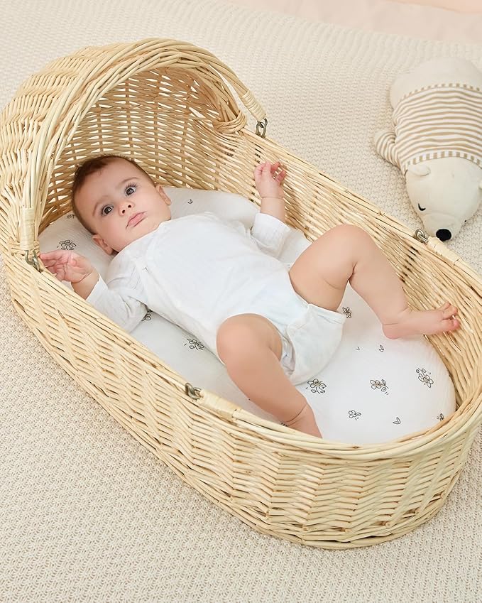 JELLYMONI 2-Pack Muslin Bassinet Sheets for Girls Boys, 100% Cotton Bassinet Mattress Sheets Soft Breathable Universal Fit for Baby Bassinets, Moses Basket, Hourglass Oval and Rectangle Mattress