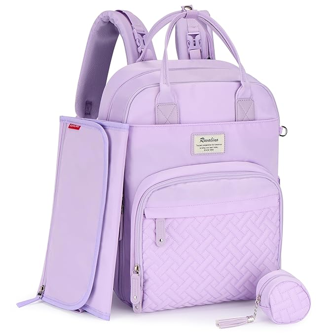 RUVALINO Diaper Bag Backpack, Multifunction Travel Pack Maternity Baby Changing Bags, Large Capacity, Waterproof, Light Purple