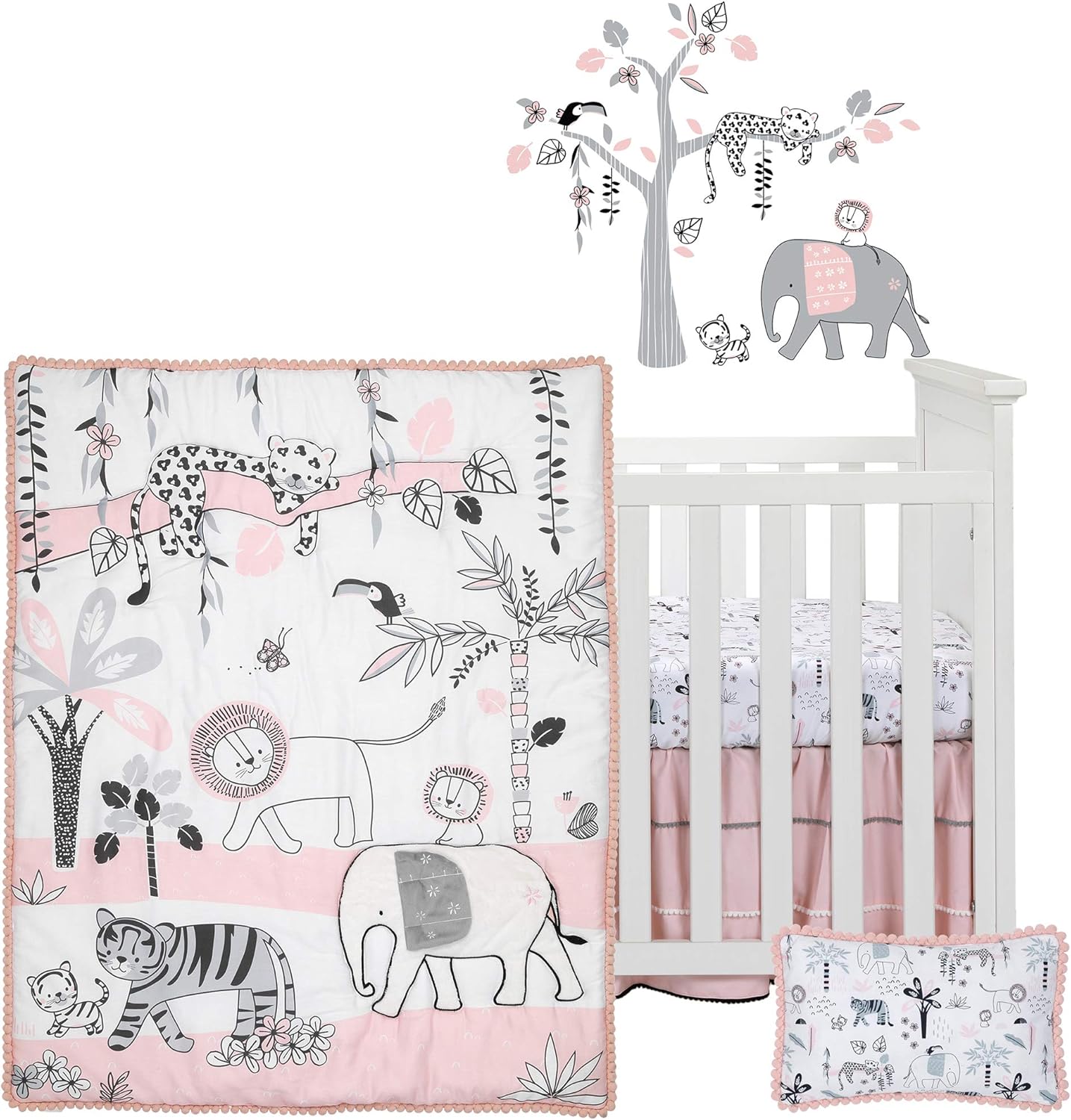 Lambs & Ivy Happy Jungle Pink/White Safari Nursery 5-Piece Crib Bedding Set