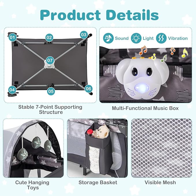HONEY JOY Pack and Play, 4 in 1 Portable Baby Playard with Bassinet, Changing Table, Lockable Wheels, Music Box, Foldable Travel Baby Crib Nursery Center from Newborn to Toddler(Gray)