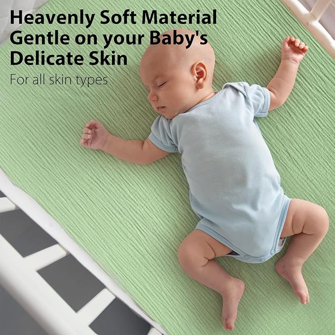2 Pack Soft Muslin Baby Crib Sheets, 100% Cotton Breathable Double Layer Fitted Sheets for Standard Crib and Toddler Bed Mattresses 28x52 Inches, for Baby Girls and Boys (Sage & Fog