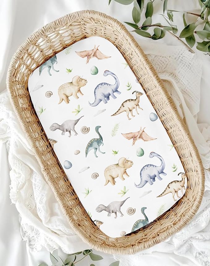 Bassinet Sheets for Baby Girls Boys 2 Pack, Fitted Baby Mattress Sheet for Rectangle, Oval, Hourglass Bassinet Mattress, Breathable Cozy & Universal Fit (Dino Pals)