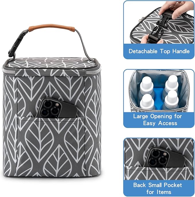Breast Milk Cooler Bag with Ice Pack Fits 4 Baby Bottles Up to 9 Ounce, Baby Bottle Bag for Nursing Mom Daycare-Grey
