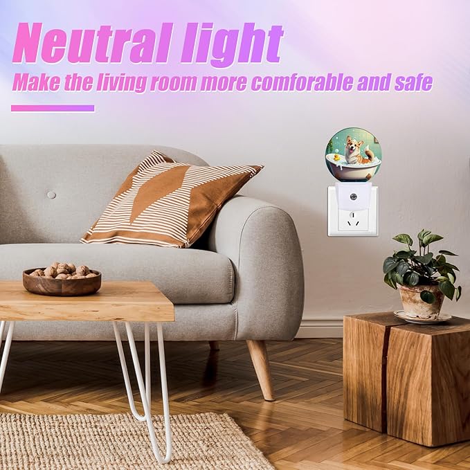 Funny Corgi Bathing Night Light Puppy Lover Night Lights LED Lamp Round Plug into Wall Nightlight with Dusk to Dawn Sensor Home Hallway Stairway Kitchen Decor