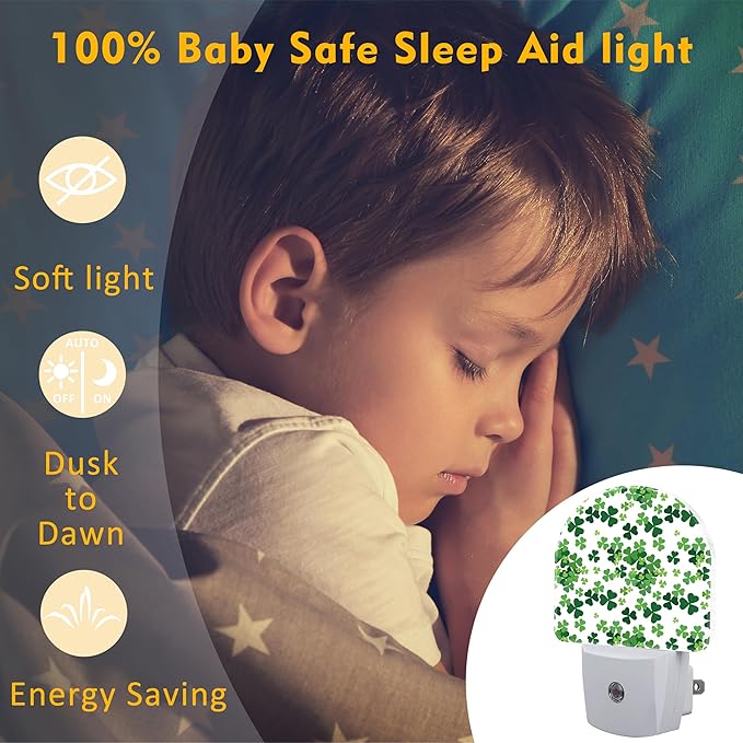 St Patrick's Day Shamrock Night Light Plug into Wall,Green Ireland Clover Leafs Dusk to Dawn Night Light Plug in,0.5w Energy Saving Sleep Friendly NightLight for Kids Boys Girls Home Decor