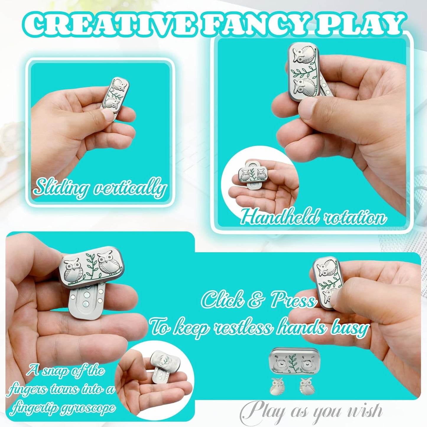 New Decompression Metal Poker Fidget Slider,Men's EDC Hand Slider,Poker Push Card Stress Relief Toys,Twig Sitting Owl Shape Design Fidget Toys,Office Desk Toys Gifts for Boyfriend and Father (Silver)