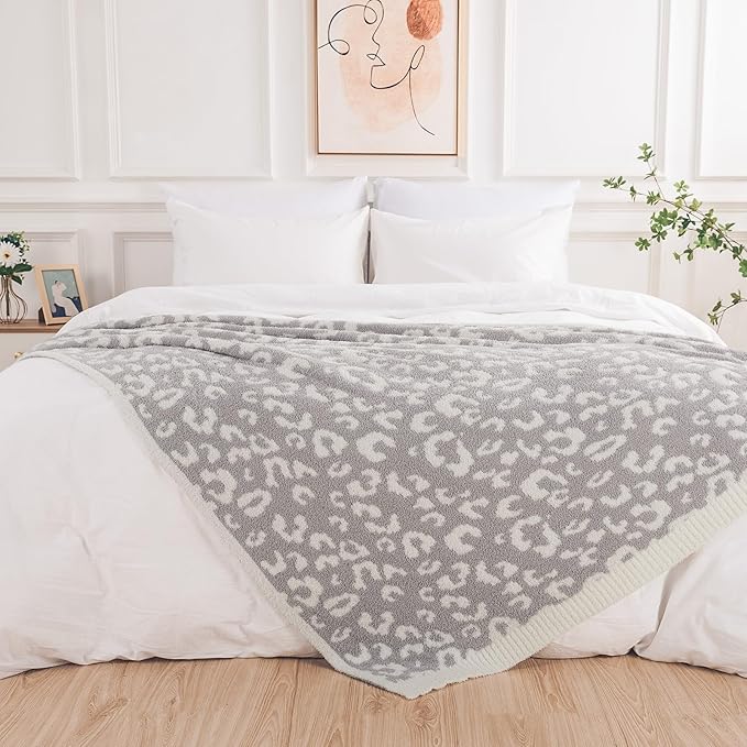 NEXHOME PRO Leopard Soft Blanket Twin Size, Fuzzy Throw Blanket for Couch Bed Sofa Picnic, Knit Blankets for Women Gifts Grey 60 x 80 inches