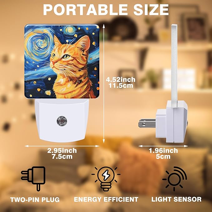 Night Light Orange Cat Watching Starry Night Night Lights Plug into Wall Smart Dusk to Dawn Sensor 0.5W Energy Efficient Led Lamp for Men Women Bedroom Bathroom Hallway Stairway Decor