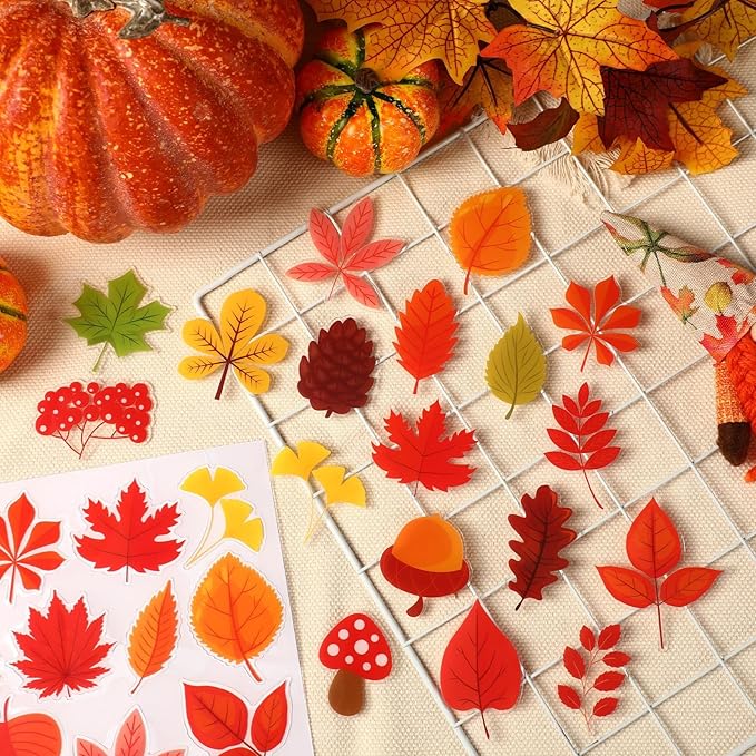 MARFOREVER 50 PCS Fall Gel Window Clings Stickers Reusable Autumn Maple Leaves Thick Gel Clings Decals for Kids Classroom Toddlers Home Thanksgiving Party Supplies Window Glass Decorations