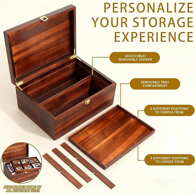 Large Wooden Storage Box with Adjustable Tray, 12.5 IN Acacia Wood Keepsake Box with Lid for Storage Trinkets, Jewelry, Card, Photo, Wooden Decortive Case for Home 12.5x9.4x6.1 IN -WB006-X Large