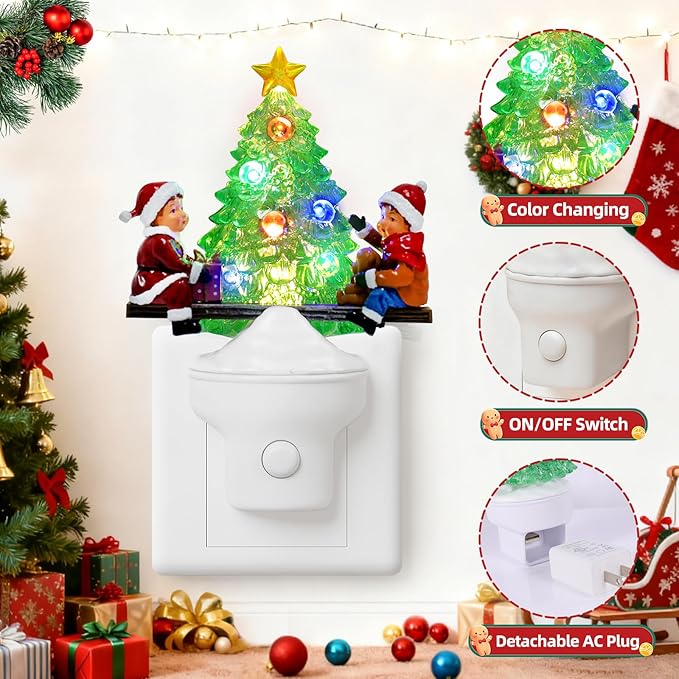 Christmas Tree Night Light Plug into Wall USB Portable Christmas Decorative Night Light Decoration for Kids Adults Bedroom Kitchen Living Room Holiday Decor (Children Seesaw)