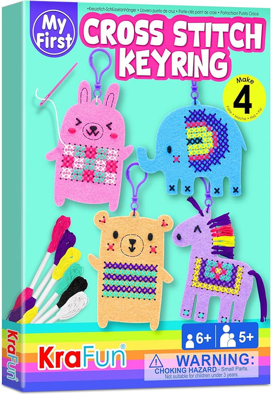 KRAFUN Cross Stitch Kits for Kids Beginners, 4 Cross Stitching Keyrings Arts & Crafts with Animals, Unicorn, Needlepoint Embroidery Kit for Girls 5-13 Craft Kit Backpack Charms, Ornaments