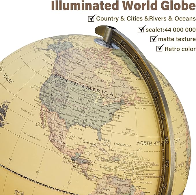 12'' Retro Illuminated World Globe with Wooden Stand, 2-1 Educ & Décor Antique Night Light up Globe Built in LED & HD Printed Map, Antique Illuminated Glob for Adults & Kids, Home Décor, Office