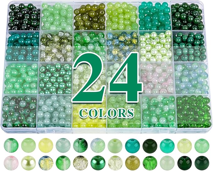 XSEINO About 1200PCS 6mm Glass Beads Bracelet Making Kit,24 Assorted Green Nature Series Colorful Crystal Beads for Bracelet and Jewelry Making and DIY Crafts,Friendship Bracelets