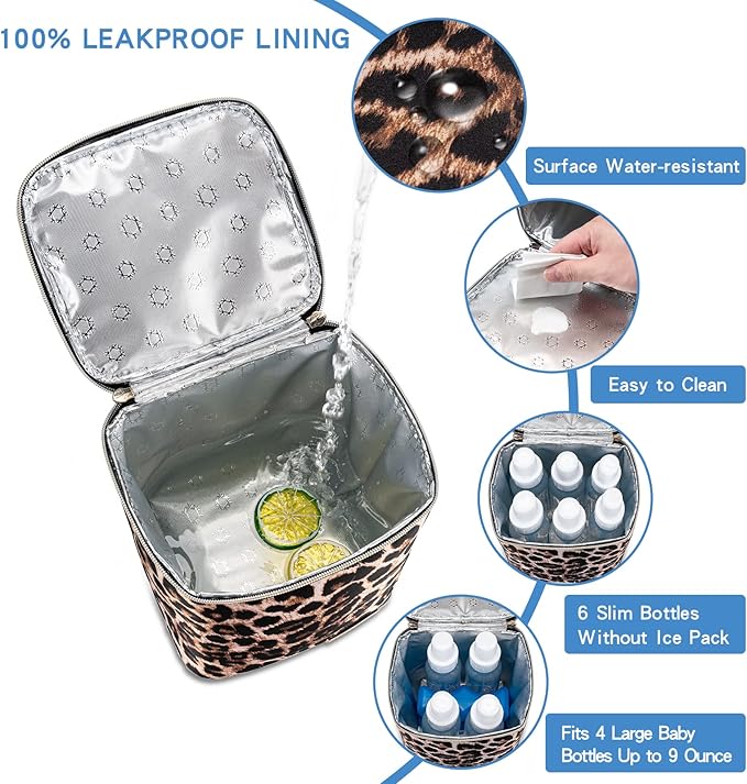 BreastMilk Cooler Bag with Ice Pack Fits 4 Baby Bottles Up to 9 Ounce, Baby Bottle Bag for Nursing Mom Daycare-Leopard Print