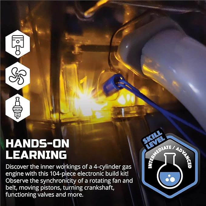 Discovery Model Engine Building Kit, DIY 4-Cylinder Combustion Engine, Working Pistons Fan Valves Belts LED Lights, STEM Mechanic Engineering Construction Experiment Set, Kids & Adults Gift