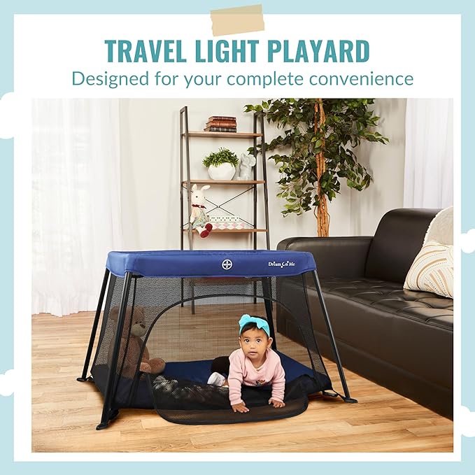 Dream On Me Travel Light Playard with Mesh Zipper Door in Navy