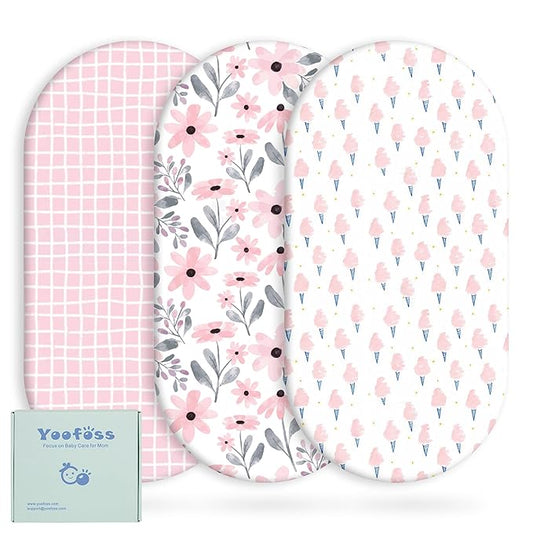 Yoofoss Bassinet Sheets for Baby,3-Pack Fitted Bassinet Sheets Set Compatible with Halo Bassinest Swivel Sleeper,Baby Delight,Angelbliss,Soft Breathable Bassinet Mattress Sheets (Pink+Floral)