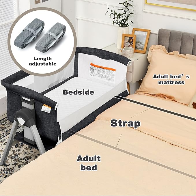 INFANS Baby Bassinet Bedside Crib, Newborn Sleeper w/Large Storage Basket, Adjustable Heights, Detachable &Washable Mattress, Breathable Mesh, Straps, Easy Moving Bed Side (Grey)