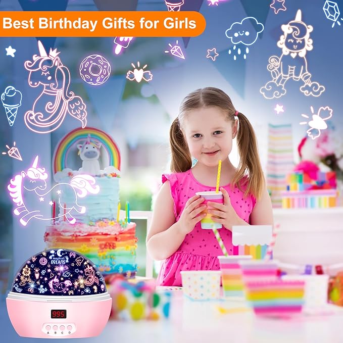 Kid Unicorn Night Light for Girls, and Baby Bear Night Lights Rotating Light Projector with Timer Color Changing Birthday Gifts for 3-5-10 Year Old Girls