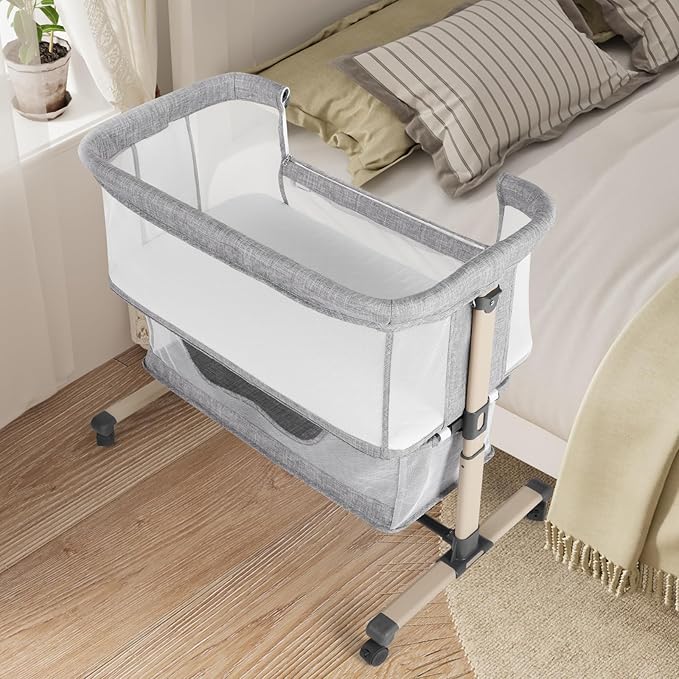 Cowiewie Bassinet Bedside Sleeper, Portable, Breathable, Adjustable Baby Bedside Bassinet for Peaceful Nights, Light Grey