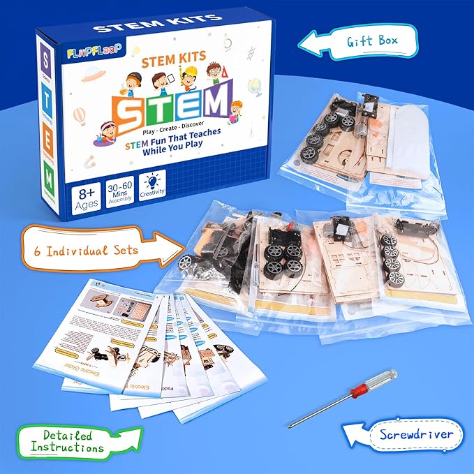 6-in-1 STEM Kits for Kids Age 8-12, Educational STEM Toys for Boys and Girls, Wooden Building Kit for Kids STEM Science Experiments Kit, Ideal Christmas Birthday Gifts for 8 9 10 11 12 13 Year Old
