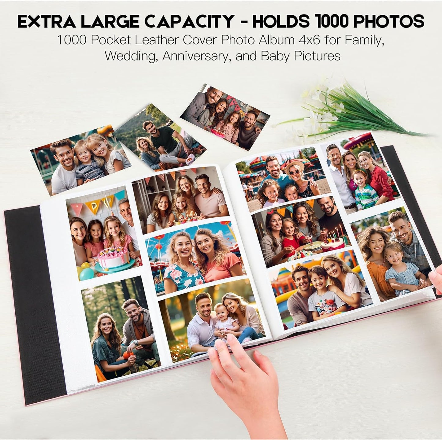 Aevdor 1000 Pockets Photo Album 4x6, Extra Large Capacity Leather Cover Wedding Family Picture Book Holds 1000 Horizontal and Vertical Pictures, Acid-free Pages 4x6 Photo Album with Front Window, Pink