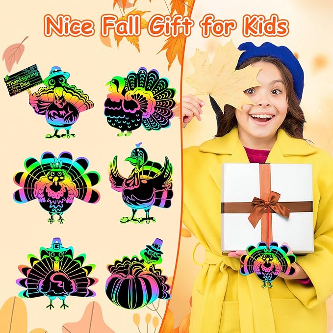 JULMELON 36Pcs Thanksgiving Fall Arts and Crafts, Rainbow Scratch Paper Art Cute Turkey Crafts for School Classroom Activity Autumn Harvest Thanksgiving Party Favors Gifts