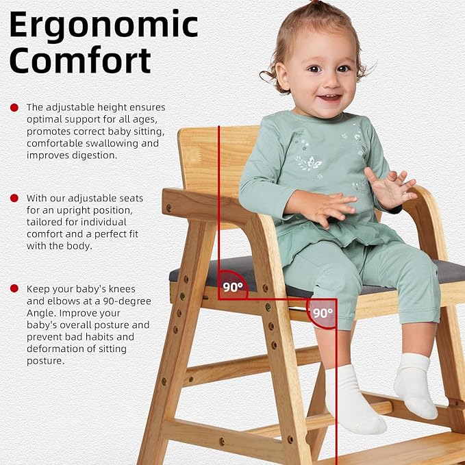Solid Wood High Chair for Babies&Toddlers, Baby Highchair, Adjustable HighChair for Babies/Toddlers with Removable Cushion, Children Kids Dining Chair, Teens Study Chair with Steps (Natural)