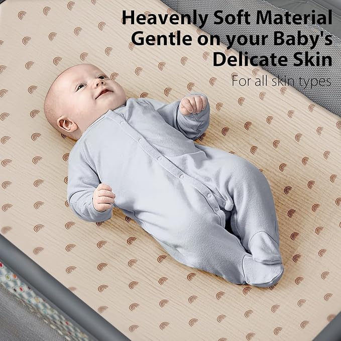 2 Pack Soft Muslin Baby Mini Crib Sheets, 100% Cotton Breathable Double Layer Fitted Sheets for Mini Crib and Pack N Play Mattresses 24x38 Inches, for Baby Girls and Boys (Brown & Rainbow