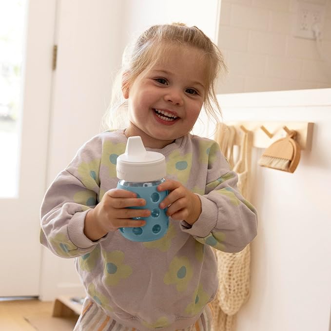 Lifefactory 8-Ounce Wide Neck Glass Baby Bottle with Protective Silicone Sleeve and Hard Sippy Spout, Mint (LG2221WMI4)