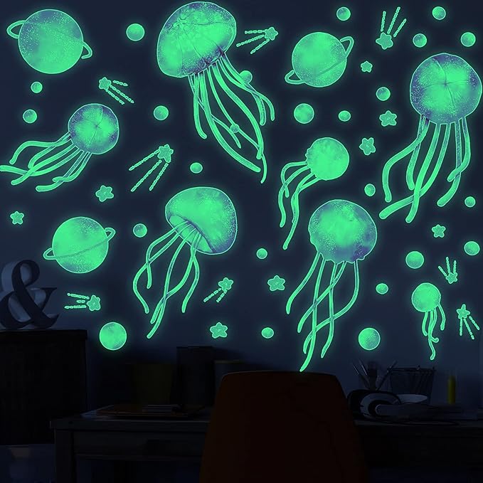 Starry Sky Jellyfish Wall Sticker Glow in The Dark Wall Stickers Stars Fluorescent Green Luminous Wall Decals DIY Peel Stick Art Decor for Walls Ceiling Kids Bedroom Living Room Nursery Girls and Boys(Green)