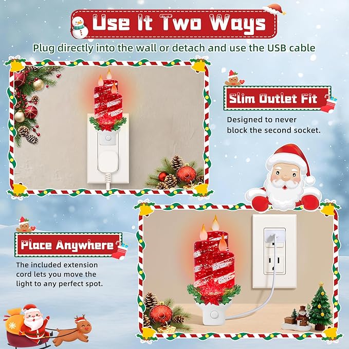 Christmas Candle Night Light Plug into Wall Swirling Glitter USB Portable Christmas Decorative Night Light Decoration for Kids Adults Bedroom Kitchen Living Room Holiday Decor (Red Candles)