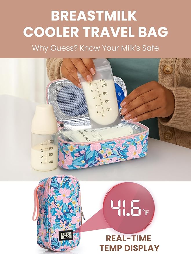 Breast Milk Cooler Travel Bag, Real-Time Temperature Display, Holds 4-6 Breastmilk Storage Bag with 2 Breast Milk Ice Pack, Cooling & Waterproof Portable Cooler for Moms on The Go(Pink Flower)