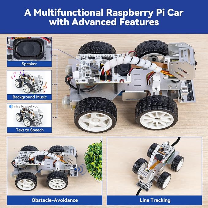 SunFounder PiCar-X AI Video Robot Car Kit with Raspberry Pi Zero 2 W+32G TF Card, ChatGPT-4o Enabled with Video Recognition, Python, Scratch, Camera, Mic, Rechargeable Batterry