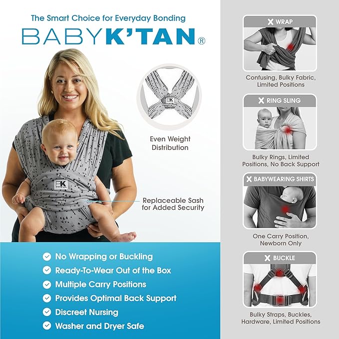 Small-Petite Original Baby K'tan Baby Carrier: #1 Easy Pre-Wrapped, Soft, Slip-On, No Rings, No Buckles | 5 in 1 Baby Sling Gift | Infant Wrap for Newborn to Toddler up to 35lb Women 2-4, Men up to 36