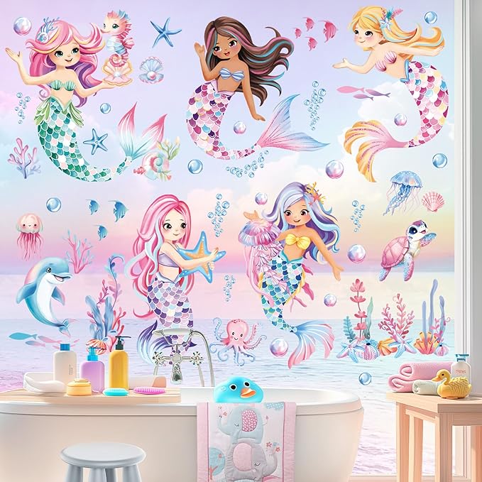 decalmile Under The Sea Mermaid Double Sided Window Clings Ocean Animal Whale Turtle Jellyfish Anti-Collision Glass Doors Window Stickers Decals