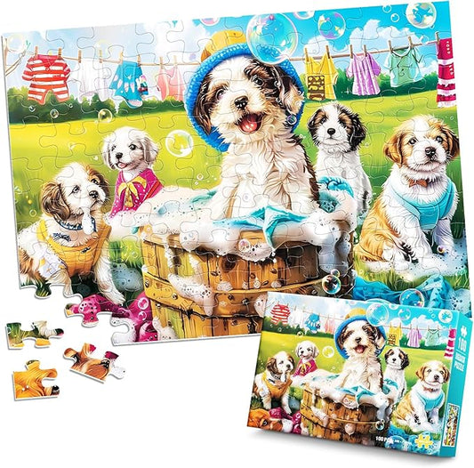 100 Piece Puzzles for Kids Ages 4-6 6-8 8-10 Year Old - Puppies and Bubbles, 100 Pieces Jigsaw Puzzles for Kids, Children Learning Educational Toys Gift for Boys and Girls