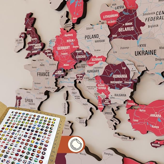 Colorfull Worlds 3D Wooden World Map Wall Art - Premium Multicolored World Travel Map for Wall Decor with Push Pins- Ideal Housewarming Gift & Travel Tracker (XLarge, Crimson)