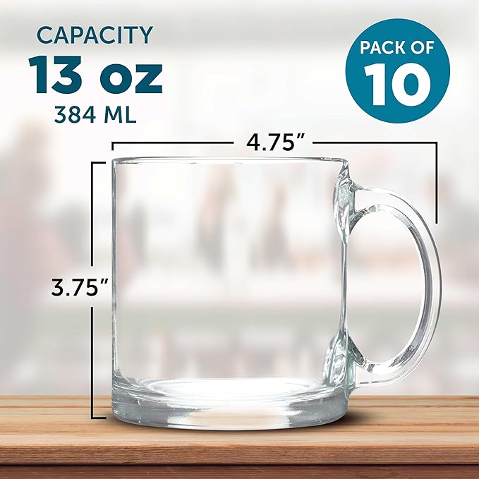 Libbey Clear Glass Coffee Mugs 13 oz. Set of 10, Bulk Pack - Perfect for Coffee, Tea, Espresso, Hot Cocoa, Other Beverages - Clear Bottom
