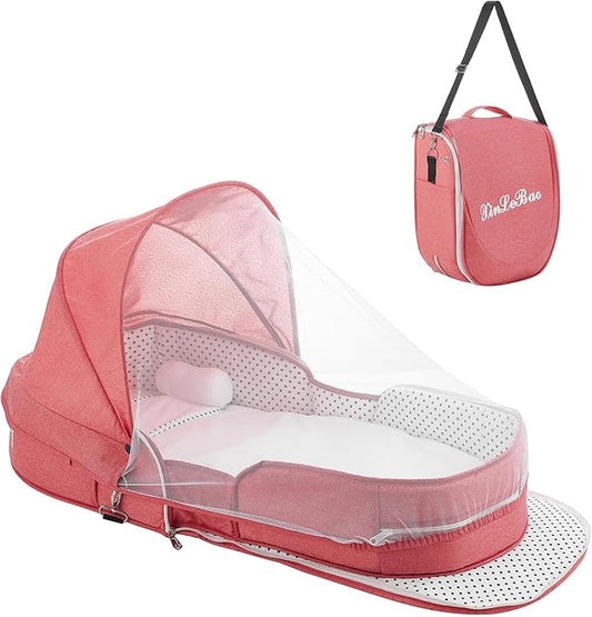 Baby Travel Bassinet Portable Bassinets, Foldable Carry Bag Bassinet Travel Crib, Lightweight Baby Lounger Pod Infant Bed with 2-1 Mosquito & Canopy (Pink)