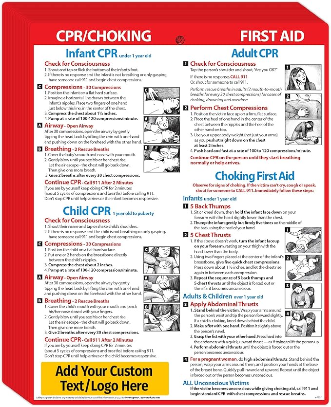 Safety Magnets by ZOCO – 250-Pack Custom CPR & Choking First Aid Magnet – 8.5"x11" Laminated Cards – Personalized with Logo – Branded Safety Handout for Offices, Caregivers & Healthcare
