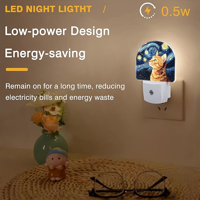 Starry Night Night Light, Orange Cat Night Lights Plug into Wall Dusk to Dawn Sensor Round Nightlight for Women Men Energy Efficient Led Lamp 0.5W for Stairway Hallway Bedroom