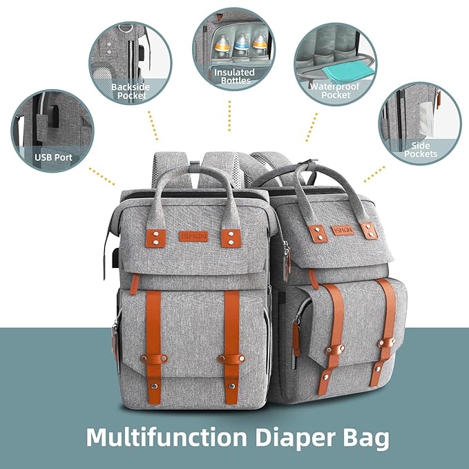 Diaper Bag Backpack with Changing Station, Large Diaper Bag, Baby Bag, Multifunctional Diaper Bag, Gray