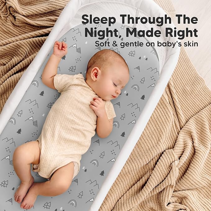 2-pk Waterproof Bassinet Sheets Girls, Boys, Cotton - 33x17 Universal Bassinet Mattress Pad Protector Cover, Compatible with Graco,Baby Delight,Chicco,Halo Bassinest Swivel Sleeper Fitted (Woodland)
