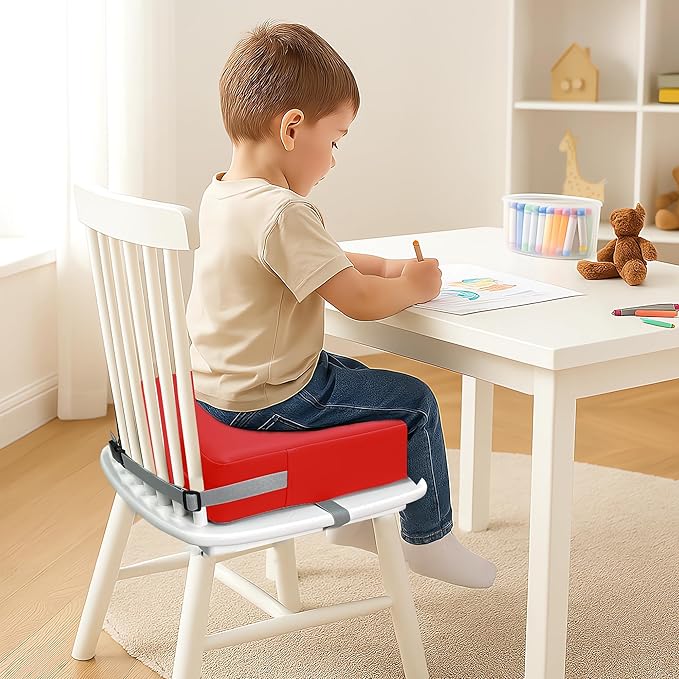 Toddler Booster Seat for Dining Table, 2 Elastic Seat Belts, Anti Scratch PU Skin-Friendly, Waterproof, Anti-Wrinkle, Detachable Non-Slip Bottom - Red