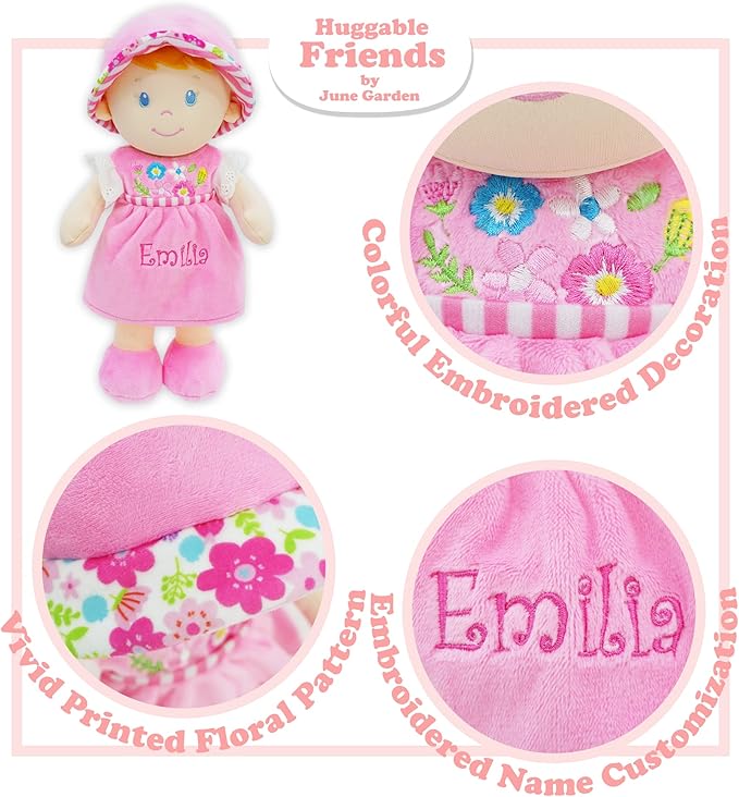 June Garden Personalized Soft Dolly Emilia - Stuffed Soft Baby Doll for Birth and Up with Custom Name - Pink Dress - 13"