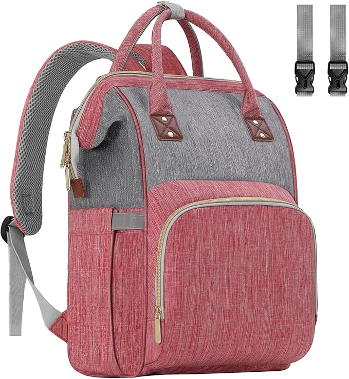Diaper Bag Backpack Multi-Function Baby Bag With Large Capacity and Insulated Pockets Diaper Backpack Organizer Bag for Mom/Dad, Pink+Gray