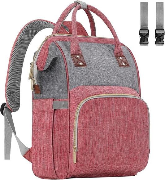Diaper Bag Backpack Multi-Function Baby Bag With Large Capacity and Insulated Pockets Diaper Backpack Organizer Bag for Mom/Dad, Pink+Gray